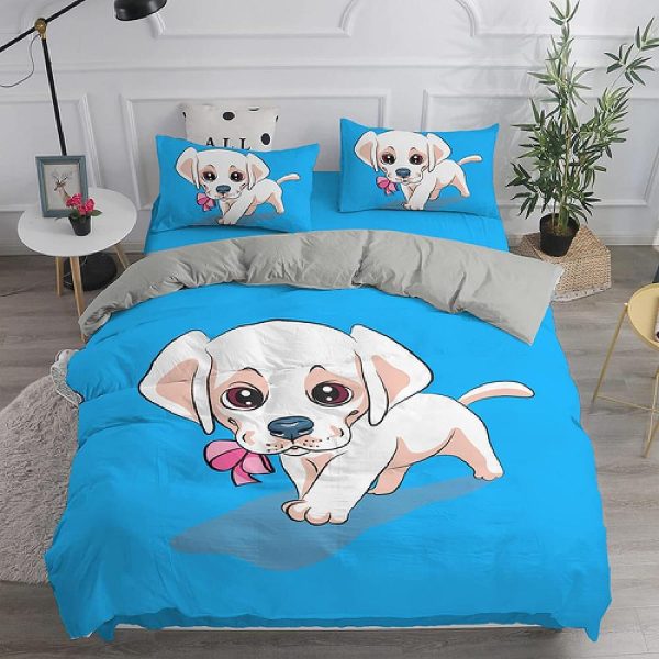 Cartoon Cute White Dog Bedding Set Blue Duvet Cover Pillowcase Luxury ...